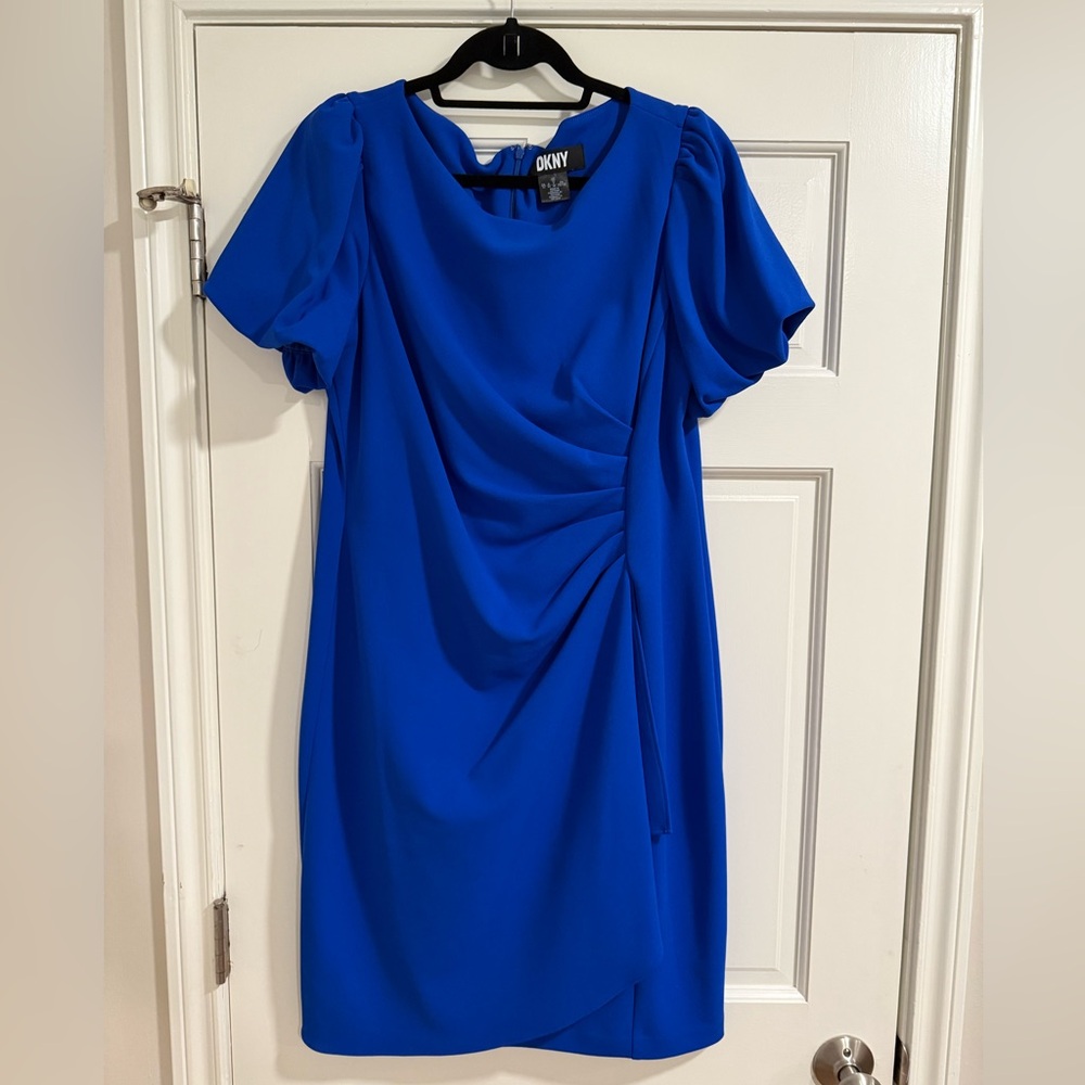 DKNY Blue Sheath Dress with Puff Sleeves